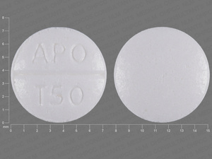 White Round pill with imprint APO;T50 — Trazodone hydrochloride Trazodone hydrochloride 50 mg; (view 3)