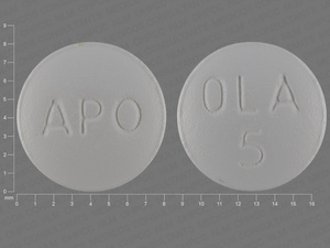 White Round pill with imprint APO;OLA;5 — Olanzapine Olanzapine 5 mg; (view 3)