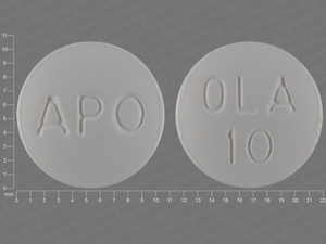 White Round pill with imprint APO;OLA;10 — Olanzapine Olanzapine 10 mg; (view 2)