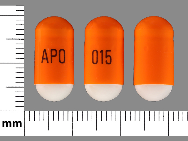 Orange, white Capsule pill with imprint APO;015 — Diltiazem hydrochloride 180 mg (view 2)