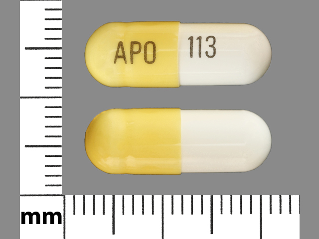 White;yellow Capsule pill with imprint APO;113 — Gabapentin Gabapentin 300 mg; (view 2)