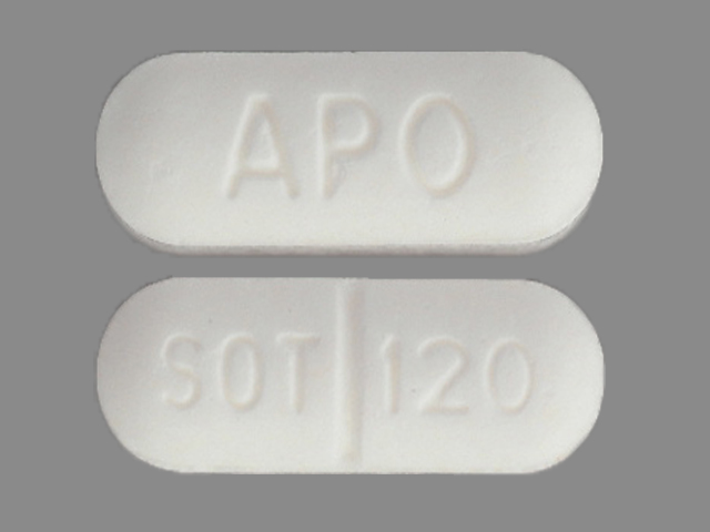 White Oval pill with imprint APO;SOT;120 — Sotalol hydrochloride Sotalol hydrochloride 120 mg; (view 2)