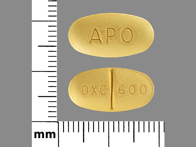 Yellow Oval pill with imprint OXC;600;APO — Oxcarbazepine Oxcarbazepine 600 mg; (view 2)