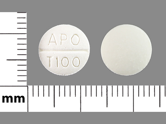 White Round pill with imprint APO;T100 — Trazodone hydrochloride Trazodone hydrochloride 100 mg; (view 2)