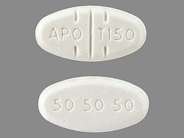 White Oval pill with imprint APO;T150;50;50;50 — Trazodone hydrochloride Trazodone hydrochloride 150 mg; (view 2)