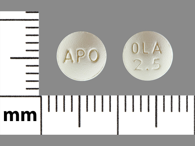 White Round pill with imprint APO;OLA;2;5 — Olanzapine Olanzapine 2.5 mg; (view 2)