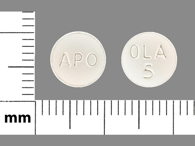 White Round pill with imprint APO;OLA;5 — Olanzapine Olanzapine 5 mg; (view 2)