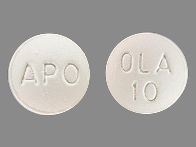 White Round pill with imprint APO;OLA;10 — Olanzapine Olanzapine 10 mg; (view 3)