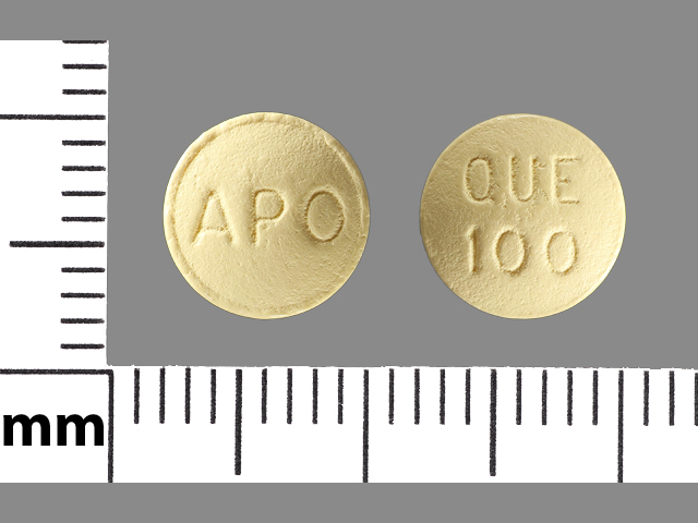 Yellow Round pill with imprint APO;QUE;100 — Quetiapine fumarate Quetiapine fumarate 100 mg; (view 4)