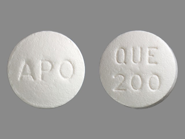 White Round pill with imprint APO;QUE;200 — Quetiapine fumarate Quetiapine fumarate 200 mg; (view 4)