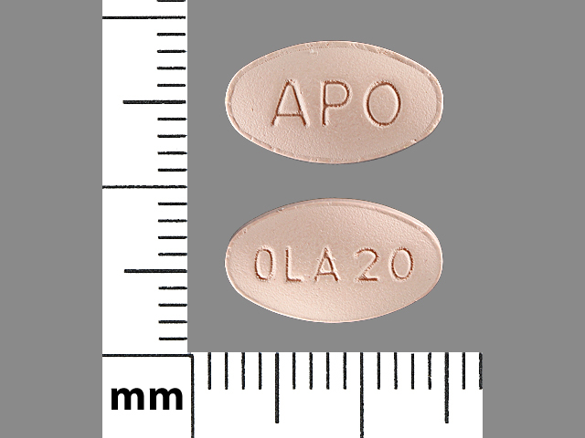Pink Oval pill with imprint APO;OLA;20 — Olanzapine Olanzapine 20 mg; (view 2)