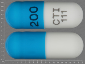 Blue Capsule pill with imprint 200;CTI;111 — Acyclovir Acyclovir 200 mg;lactose monohydrate 195.5 mg;sodium starch glycolate type a potato 21.15 mg;sodium laureth sulfate 2.12 mg;magnesium stearate 4.23 mg; (view 2)