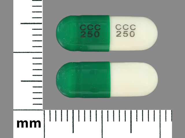 Green Capsule pill with imprint CCC;250 — Cephalexin Cephalexin 250 mg; (view 2)
