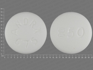 White Round pill with imprint Andrx;675;850 — Metformin hydrochloride Metformin hydrochloride 850 mg; (view 2)