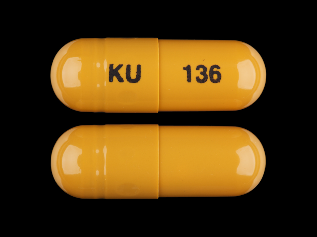Yellow;yellow Capsule pill with imprint KU;136 — Omeprazole Omeprazole 40 mg; (view 2)