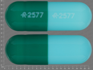 Green, blue Capsule pill with imprint R;2577;R;2577 — Diltiazem hydrochloride 180 mg (view 3)
