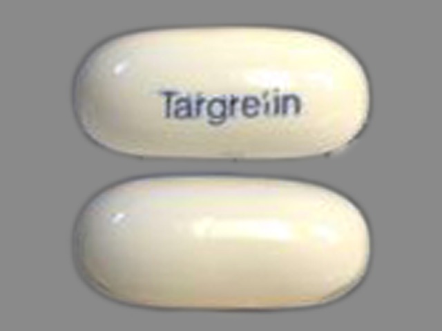 White Capsule pill with imprint Targretin — Targretin Bexarotene 75 mg; (view 2)