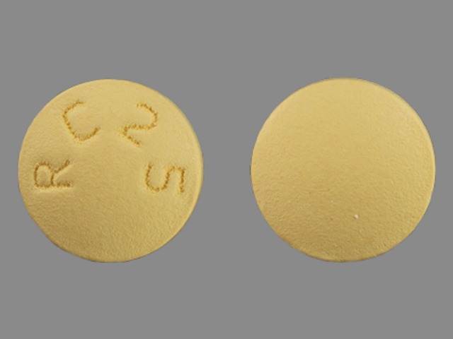 Yellow Round pill with imprint RC25 — Donepezil hydrochloride Donepezil hydrochloride 5 mg; (view 2)
