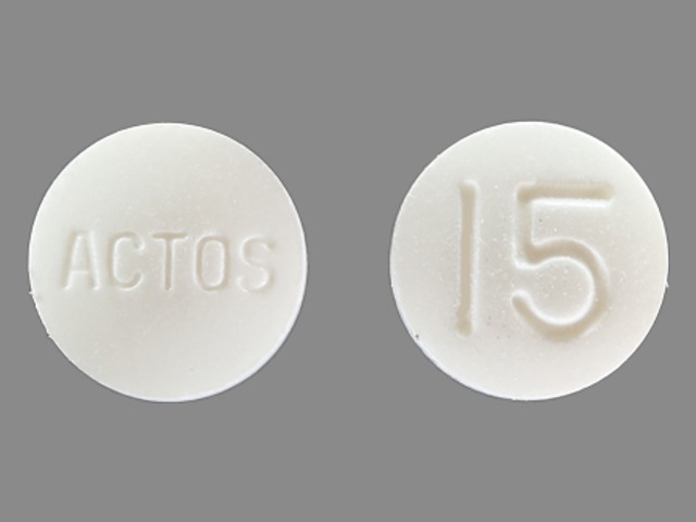 White Round pill with imprint ACTOS;15 — Pioglitazone Pioglitazone hydrochloride 15 mg; (view 2)