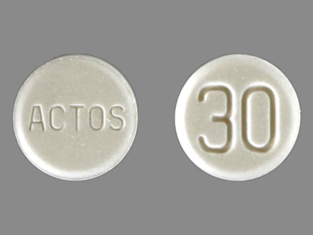 White Round pill with imprint ACTOS;30 — Pioglitazone Pioglitazone hydrochloride 30 mg; (view 2)