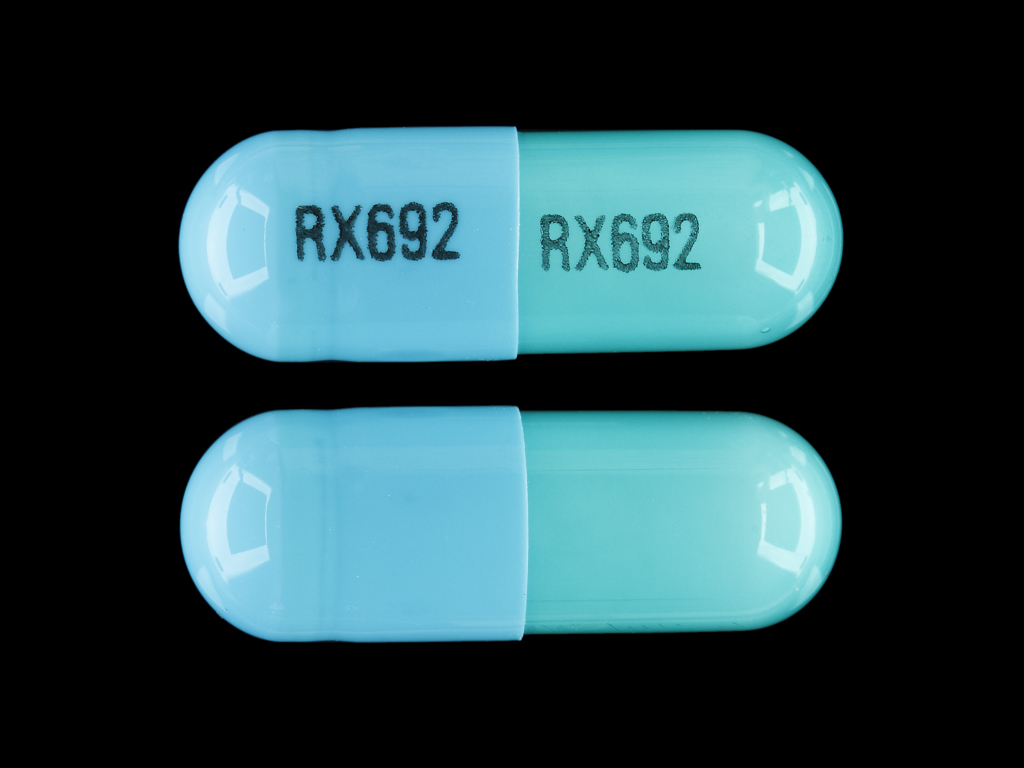 Blue;green Capsule pill with imprint RX692 — Clindamycin hydrochloride Clindamycin hydrochloride 150 mg; (view 2)