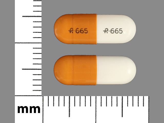 Brown;white Capsule pill with imprint R665 — Gabapentin Gabapentin 100 mg; (view 3)