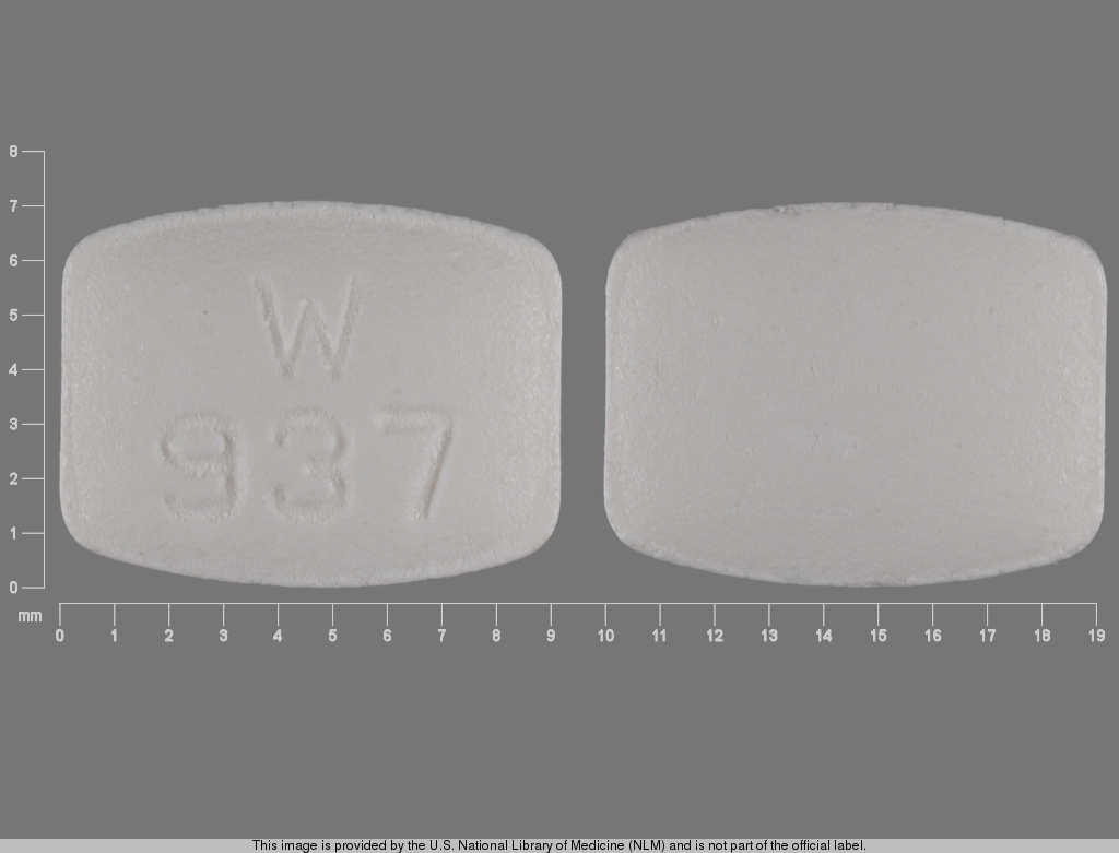 White Rectangle pill with imprint W;937 — Famotidine 40 mg (view 2)