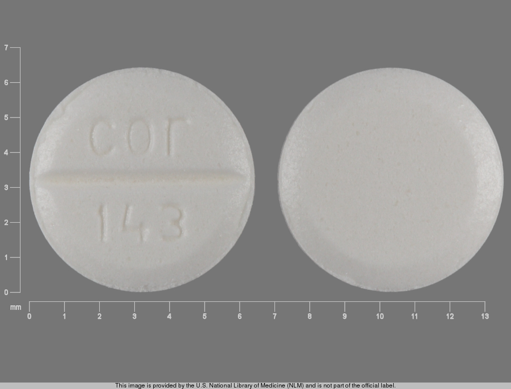 White Round pill with imprint cor;143 — Benztropine mesylate 0.5 mg (view 3)