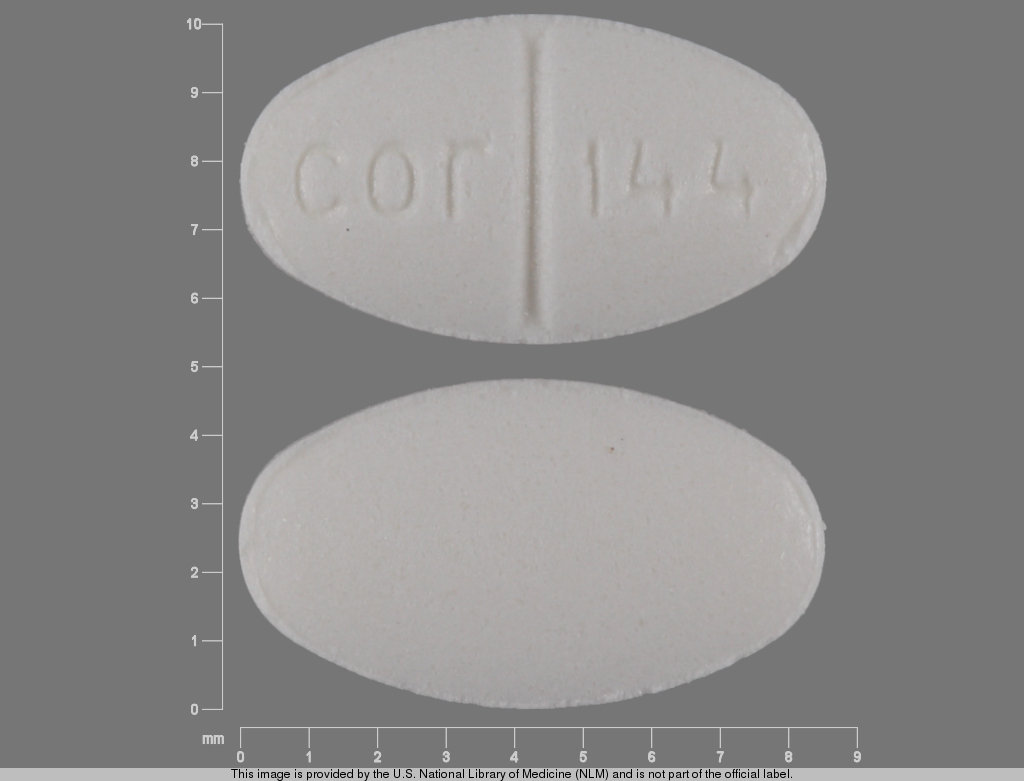 White Oval pill with imprint cor;144 — Benztropine mesylate 1 mg (view 4)