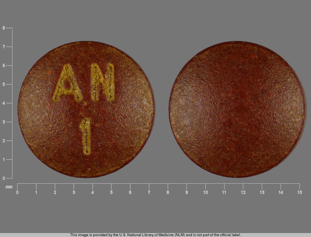 Brown Round pill with imprint AN;1 — Phenazopyridine hydrochloride Phenazopyridine hydrochloride 100 mg; (view 3)