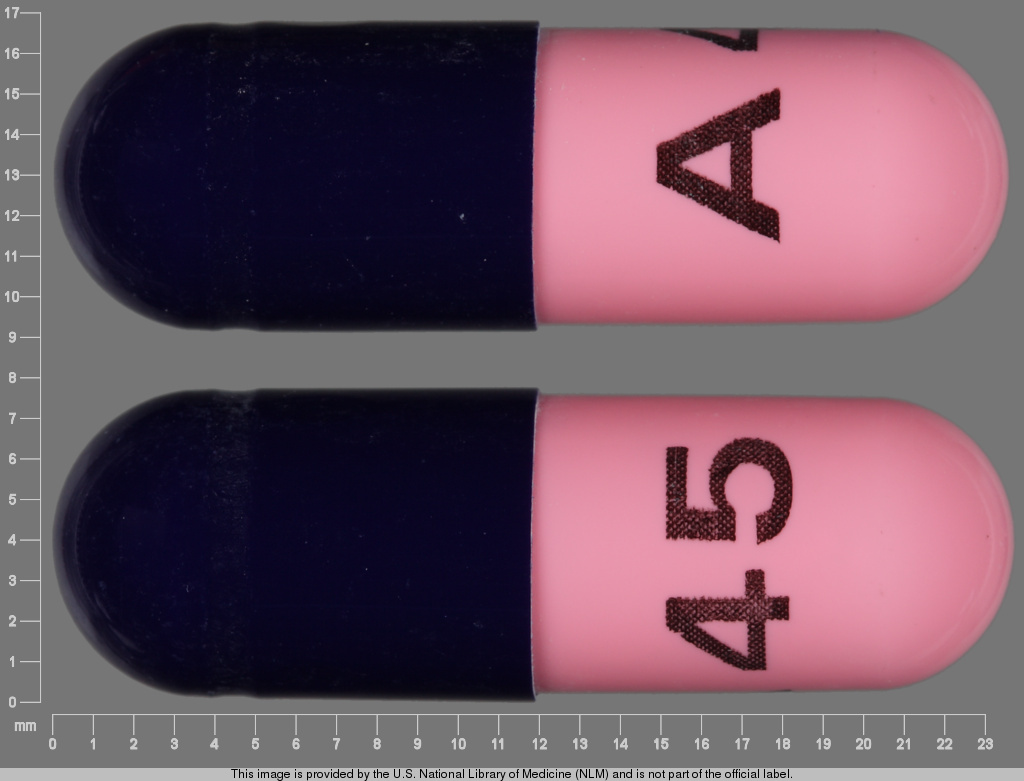 Blue, pink Capsule pill with imprint A45 — Amoxicillin 500 mg (view 3)