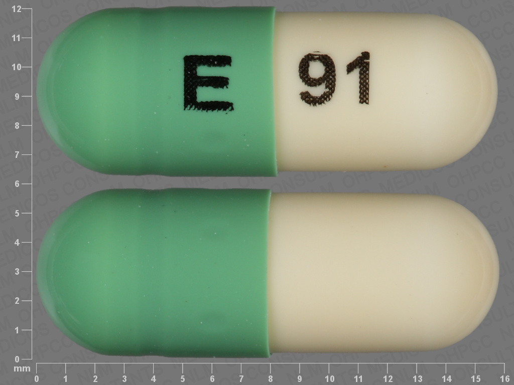 Green;white Capsule pill with imprint E;91 — Fluoxetine Fluoxetine hydrochloride 20 mg; (view 3)