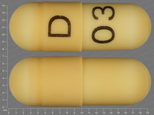 Yellow Capsule pill with imprint D;03 — Gabapentin Gabapentin 300 mg; (view 5)