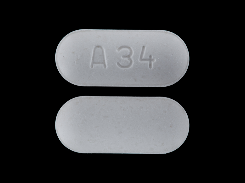 White Oval pill with imprint A34 — Cefuroxime axetil Cefuroxime axetil 500 mg; (view 2)