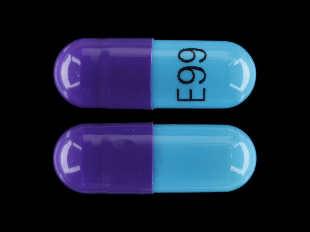Purple, turquoise Capsule pill with imprint E99 — Cefdinir 300 mg (view 2)