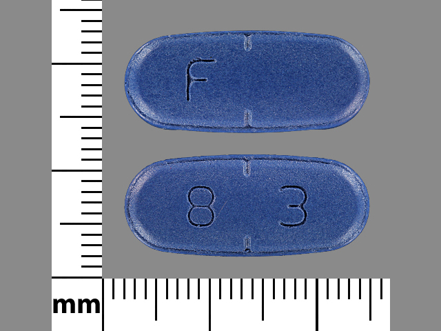 Blue Capsule pill with imprint F;8;3 — Valacyclovir hydrochloride Valacyclovir hydrochloride 1 g; (view 3)