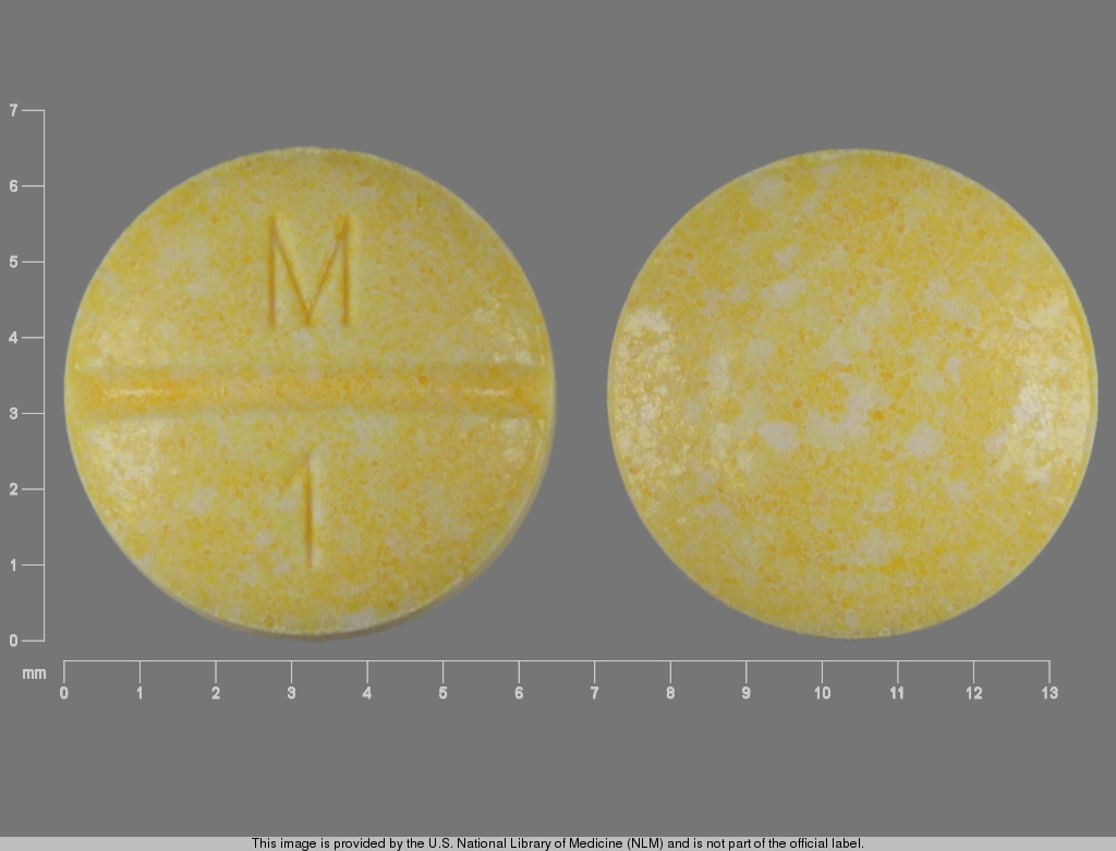 Yellow Round pill with imprint M;1 — Methotrexate Methotrexate sodium 2.5 mg; (view 2)