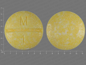 Yellow Round pill with imprint M;1 — Methotrexate Methotrexate sodium 2.5 mg; (view 3)