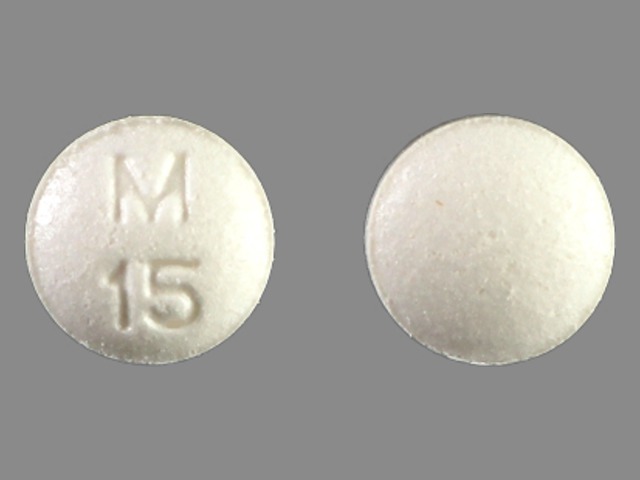 White Round pill with imprint M;15 — Diphenoxylate hydrochloride and atropine sulfate Diphenoxylate hydrochloride 2.5 mg;atropine sulfate 0.025 mg; (view 2)