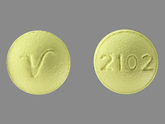 Yellow Round pill with imprint 2102;V — Amitriptyline hydrochloride Amitriptyline hydrochloride 25 mg; (view 3)