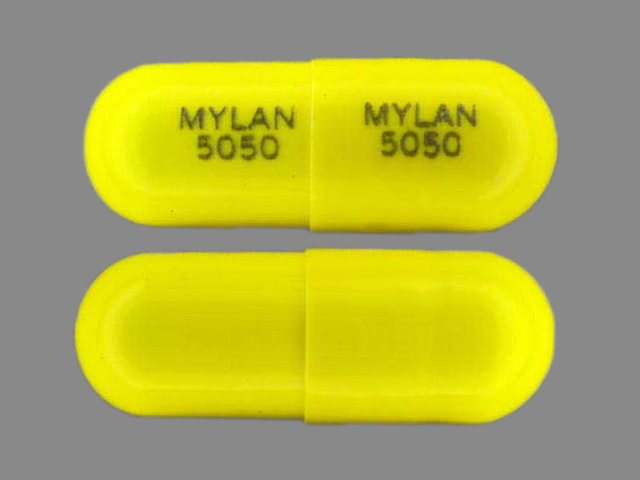 Yellow Capsule pill with imprint MYLAN;5050 — Temazepam Temazepam 30 mg; (view 2)