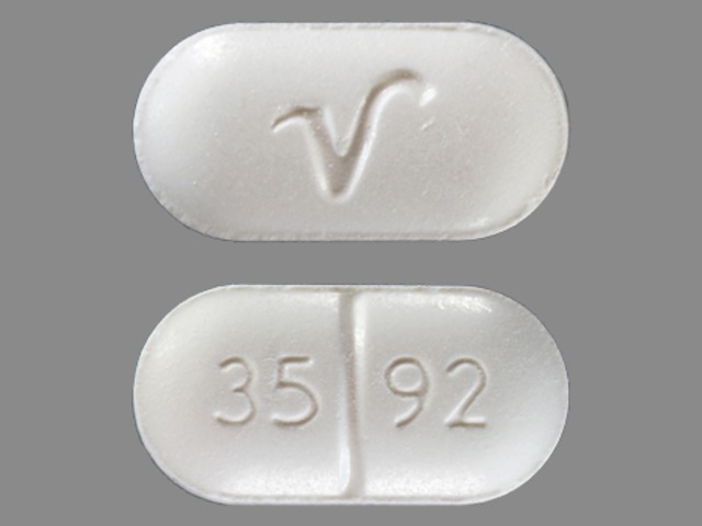 White Oval pill with imprint 3592;V — Hydrocodone bitartrate and acetaminophen Hydrocodone bitartrate 5 mg / acetaminophen 500 mg (view 2)