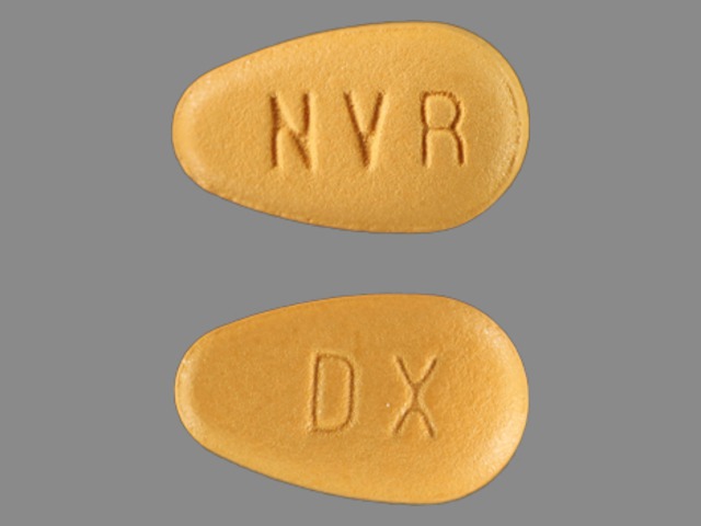 Gray;orange Oval pill with imprint NVR;DX — Diovan Valsartan 160 mg; (view 2)