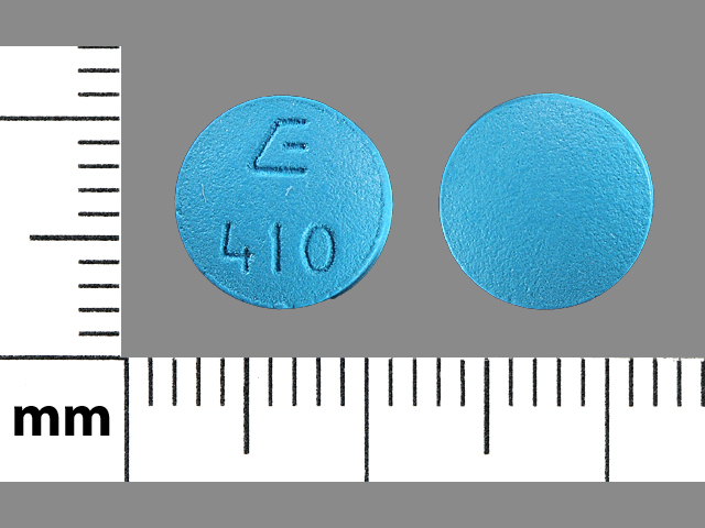 Blue Round pill with imprint E;over;410 — Bupropion hydrochloride Bupropion hydrochloride 100 mg; (view 2)