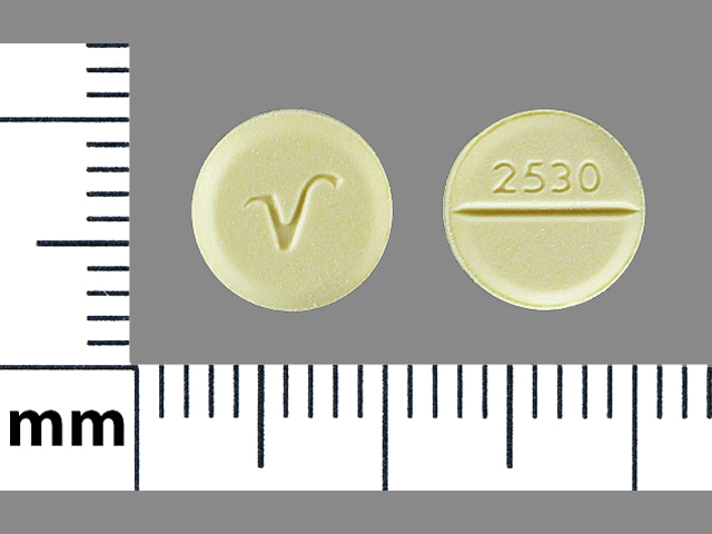 Yellow Round pill with imprint 2530;V — Clonazepam Clonazepam 0.5 mg; (view 2)