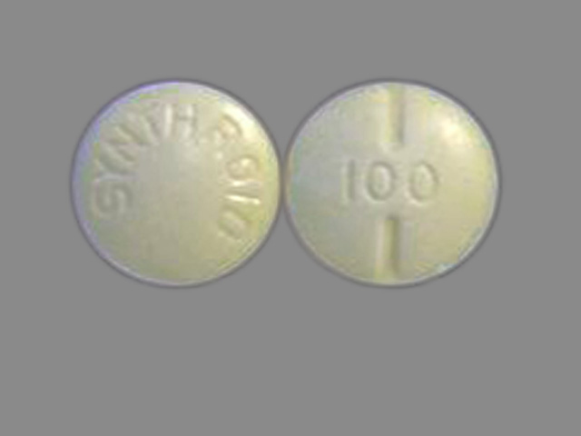Yellow Round pill with imprint SYNTHROID;100 — Synthroid Levothyroxine sodium 100 ug; (view 2)