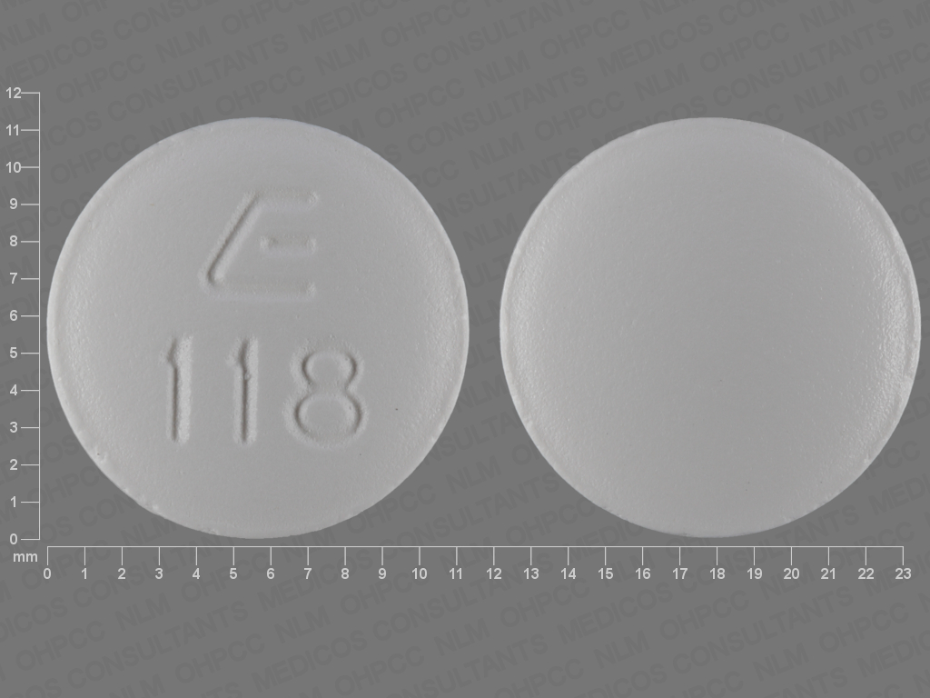 White Round pill with imprint E118 — Labetalol HCl Labetalol hydrochloride 300 mg; (view 2)