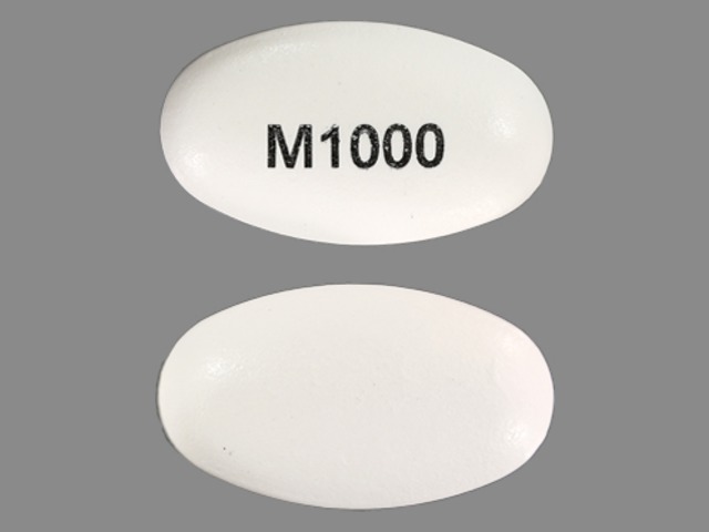 White Oval pill with imprint M1000 — Glumetza Metformin hydrochloride 1000 mg; (view 2)
