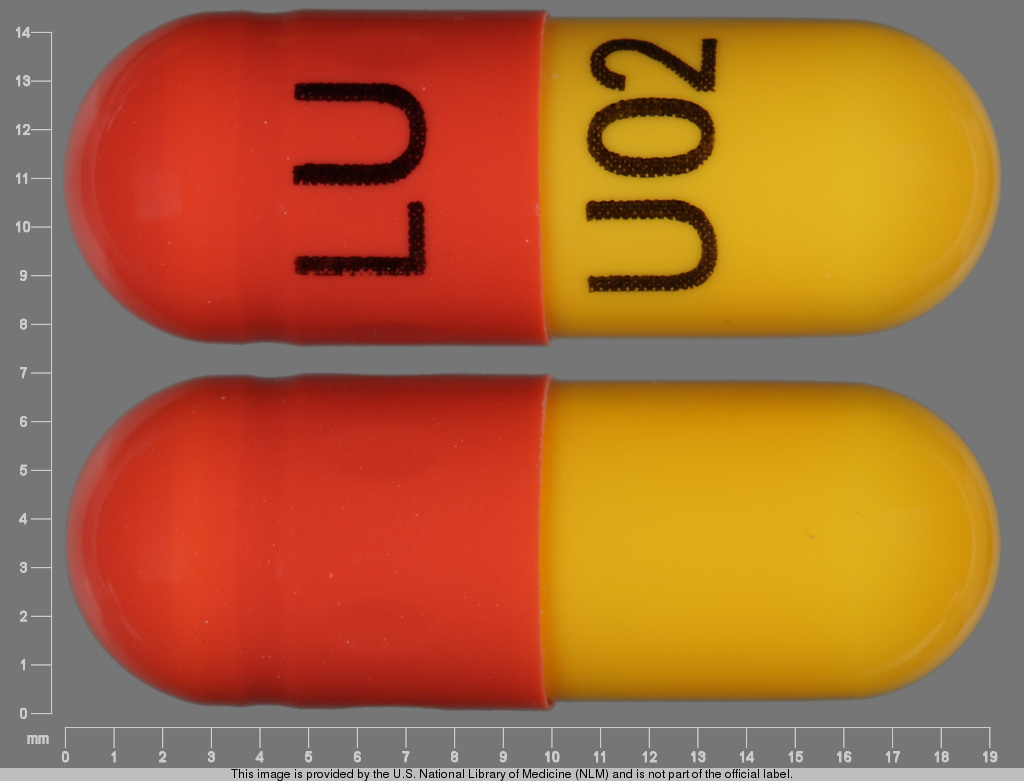 Yellow, orange Capsule pill with imprint LU;U02 — Imipramine pamoate 100 mg (view 2)