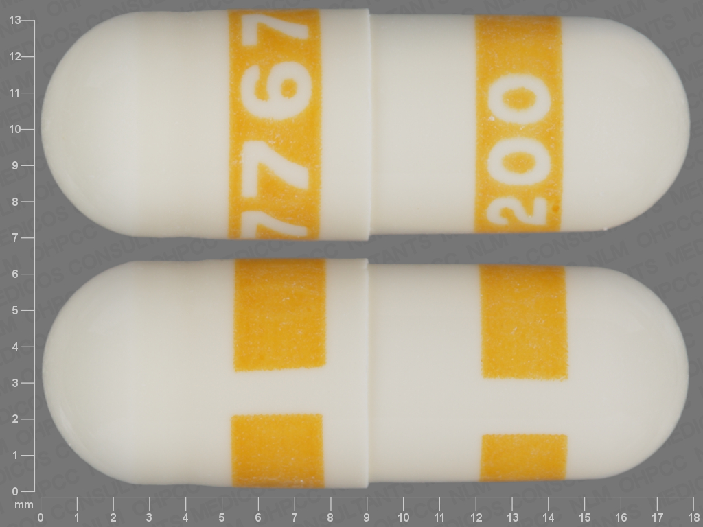 White, yellow Capsule pill with imprint 7767;200 — Celecoxib 200 mg (view 5)